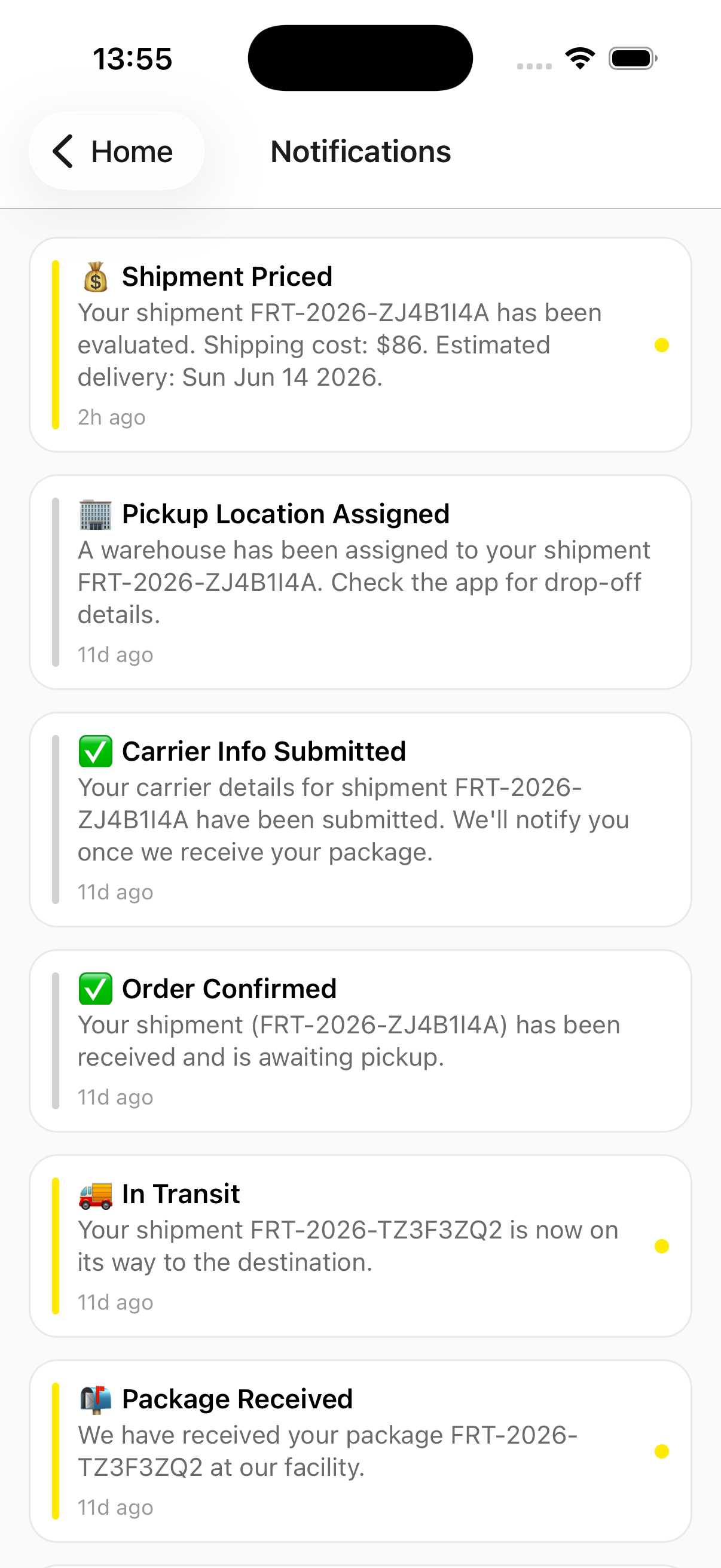 Notifications screen
